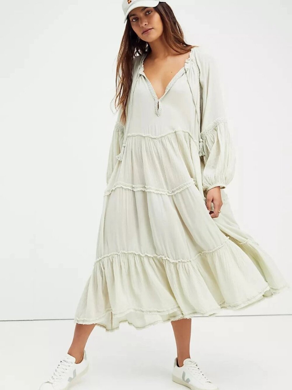 Free People In The Moment Midi Dress Long Sleeve Flowy Crochet Ruffle S 286029